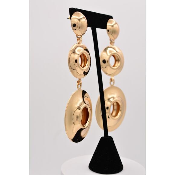 Vintage Chunky Dangle Earrings Shiny Gold Tone Puffy Metal Bold Long 1990s BinZ - Picture 4 of 12